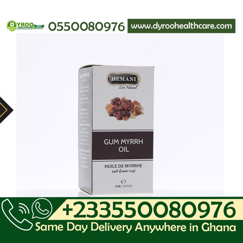 Dyroo Naturals Hemani Gum Myrrh Oil 30ml bottle showing clear glass container with amber-colored oil inside.