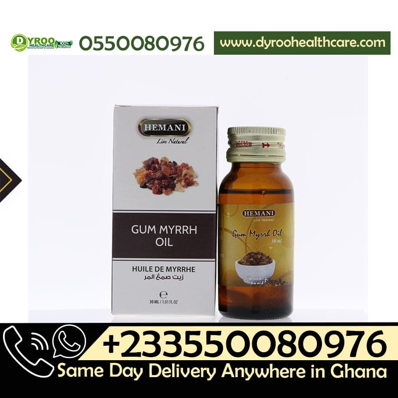 Dyroo Naturals Hemani Gum Myrrh Oil 30ml bottle, natural oil with a dark amber color and dropper cap, for skincare and wellness use.