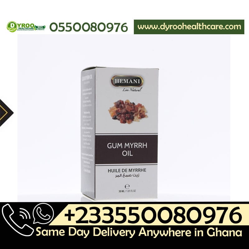 Dyroo Naturals Hemani Gum Myrrh Oil 30ml bottle, natural oil with amber-colored liquid, used for skincare and wellness.