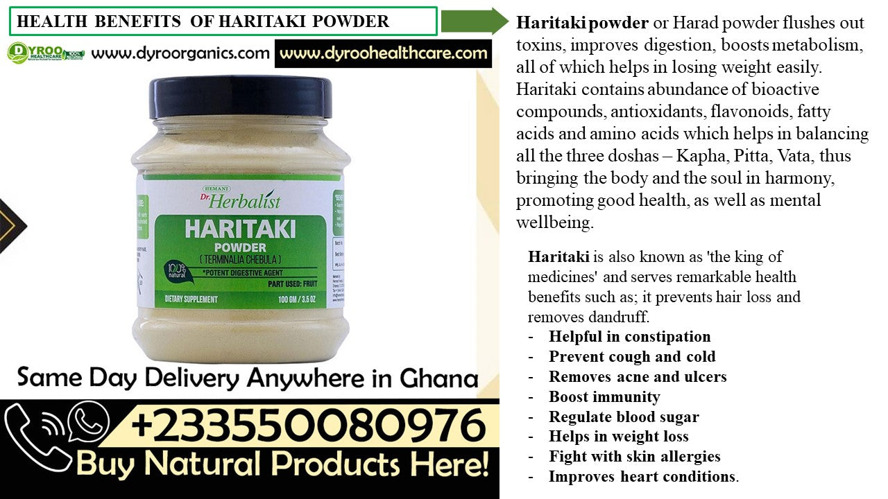 Organic Dr Herbalist Haritaki Powder by Dyroo Naturals in a 100g package, showing fine yellowish powder in a clear container.