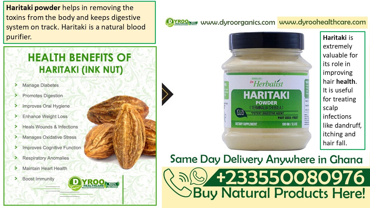 Organic Dr Herbalist Haritaki Powder by Dyroo Naturals in a 100g package, showing fine greenish herbal powder.