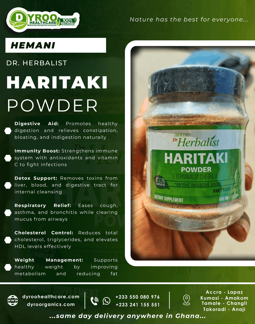 Organic Dyroo Naturals Haritaki Powder in a clear jar, showing fine yellowish powder, 100g packaging for herbal health.