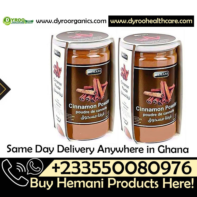 Organic Hemani cinnamon powder in a 200g package by Dyroo Naturals, showing fine, brown cinnamon spice in a clear container.