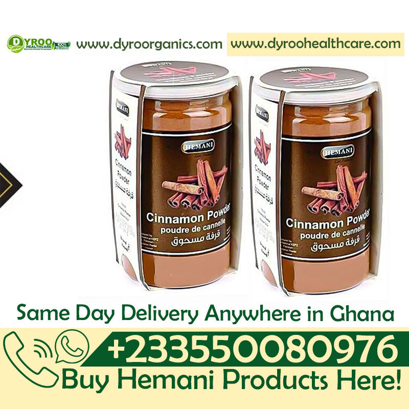 Organic Hemani cinnamon powder by Dyroo Naturals in a 200g package, showing a close-up of the fine brown spice powder.