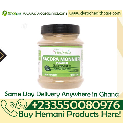 Organic Dr Herbalist Bacopa Monnieri powder by Dyroo Naturals in a 100g package, showing the herbal powder in a clear container.