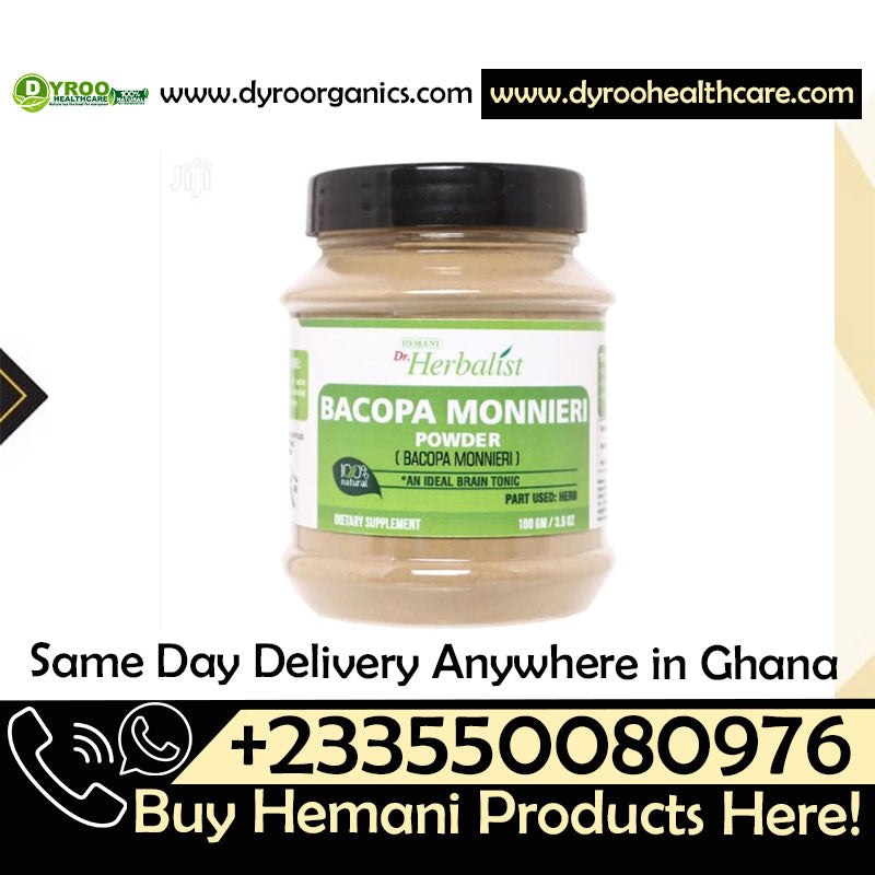 Organic Dr. Herbalist Bacopa Monnieri powder by Dyroo Naturals in a clear container, showing the fine green herbal powder inside.
