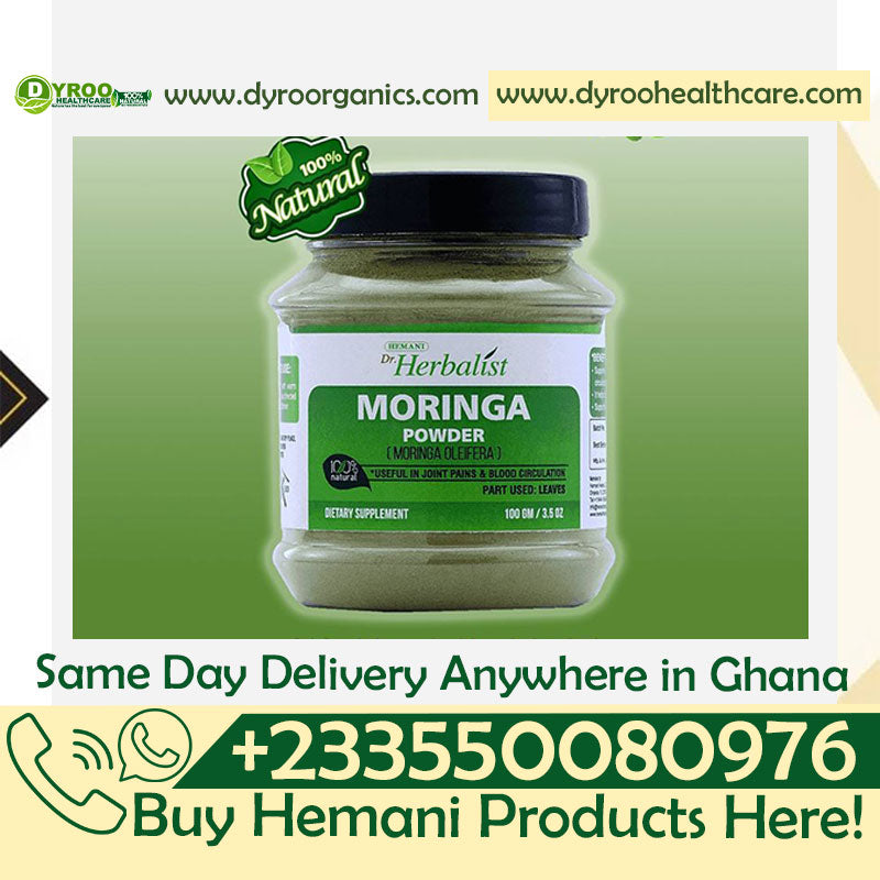 Organic Dr Herbalist Moringa Powder by Dyroo Naturals in a 100g package, shown in a clear image with fresh green powder and herbal packaging.
