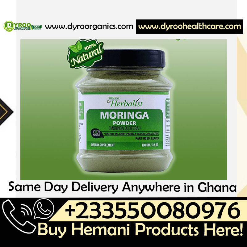 Organic Dr Herbalist Moringa Powder by Dyroo Naturals in a 100g package, showing vibrant green powder in a clear container.
