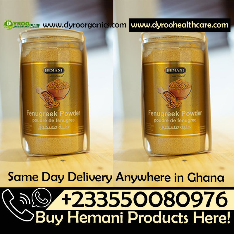 Organic Hemani fenugreek seeds powder in a 200g pack by Dyroo Naturals, showing fine golden-brown herbal powder in a clear container.