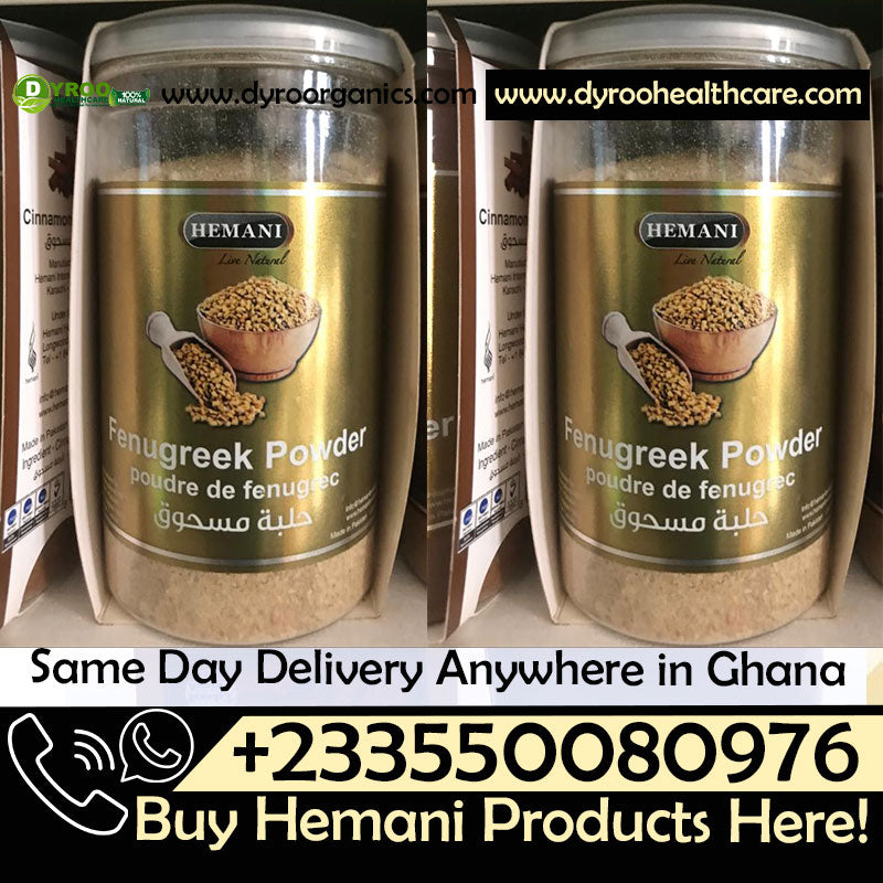 Organic Hemani fenugreek seeds powder by Dyroo Naturals in a clear 200g package, showing the fine golden powder.