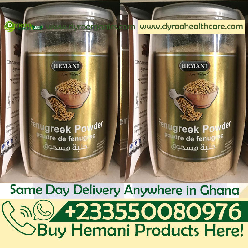 Organic Hemani fenugreek seeds powder by Dyroo Naturals in a 200g package, shown in a clear image with fine ground powder.