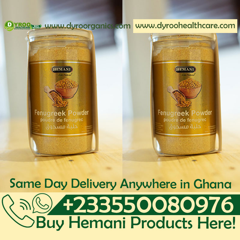 Organic Hemani fenugreek seeds powder in a 200g package by Dyroo Naturals, showing a close-up of the fine ground powder.