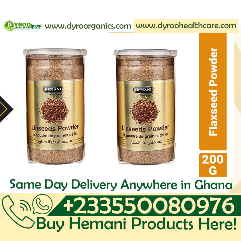 Organic Hemani flax seeds powder in a clear jar, showing fine golden flaxseed ground for healthy smoothies and baking.