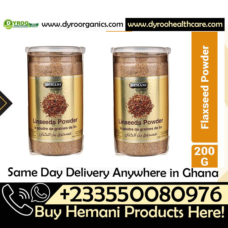 Organic Hemani flax seeds powder in a clear jar, showing fine golden flaxseed powder from Dyroo Naturals.