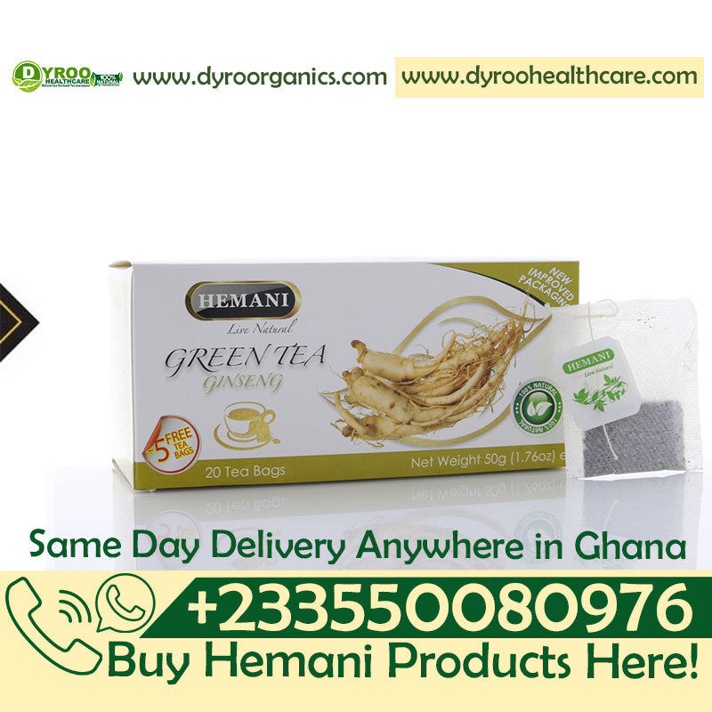 Hemani Ginseng Herbal Tea in a box of 20 teabags by Dyroo Naturals, featuring ginseng roots and herbal tea packaging.