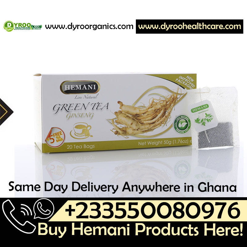 Hemani Ginseng Herbal Tea in 20 teabags by Dyroo Naturals, featuring herbal tea bags with ginseng roots and leaves.
