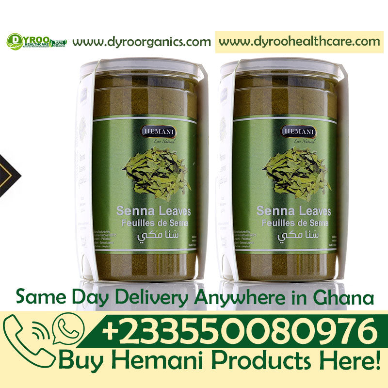 Organic Hemani Senna leaves powder by Dyroo Naturals in a clear container with a scoop on a white background.