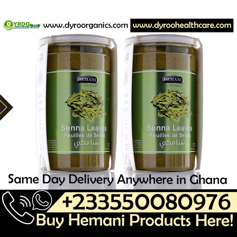 Organic Hemani Senna Leaves Powder by Dyroo Naturals in a clear plastic bag, showing finely ground yellowish-green herbal powder.