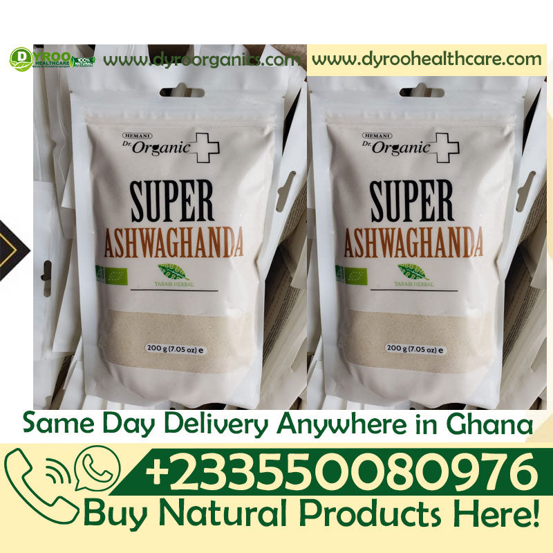 Organic Super Ashwagandha powder by Dyroo Naturals in a 200g package, shown in a clear image with the product packaging.