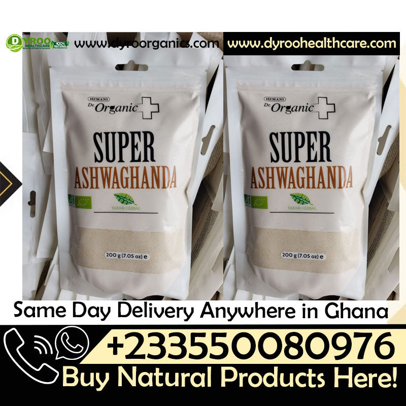 Organic Hemani Super Ashwagandha Powder in a 200g package by Dyroo Naturals, showcasing the herbal powder in its container.