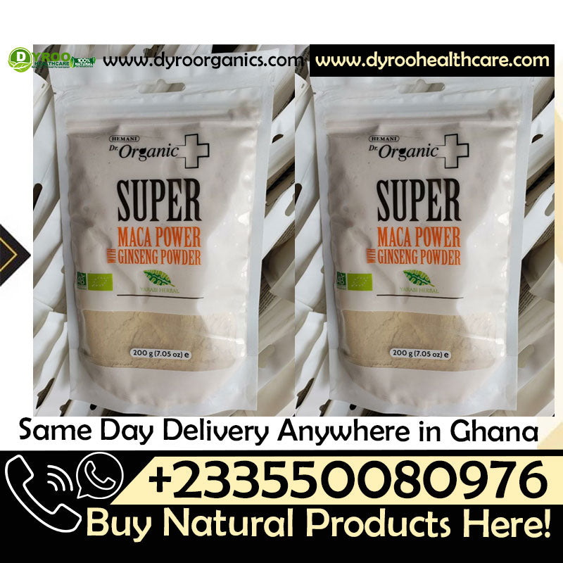 Organic Super Maca with Ginseng powder by Dyroo Naturals in a resealable 200g bag, featuring a vibrant label and natural packaging.