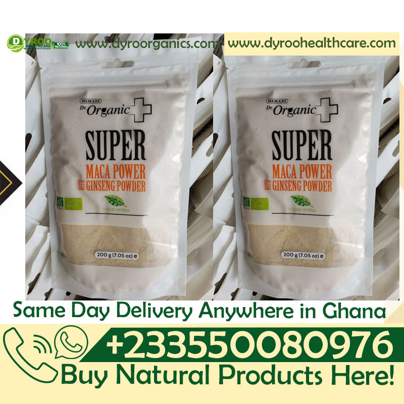 Organic Super Maca with Ginseng powder by Dyroo Naturals in a 200g package, shown in a resealable bag.
