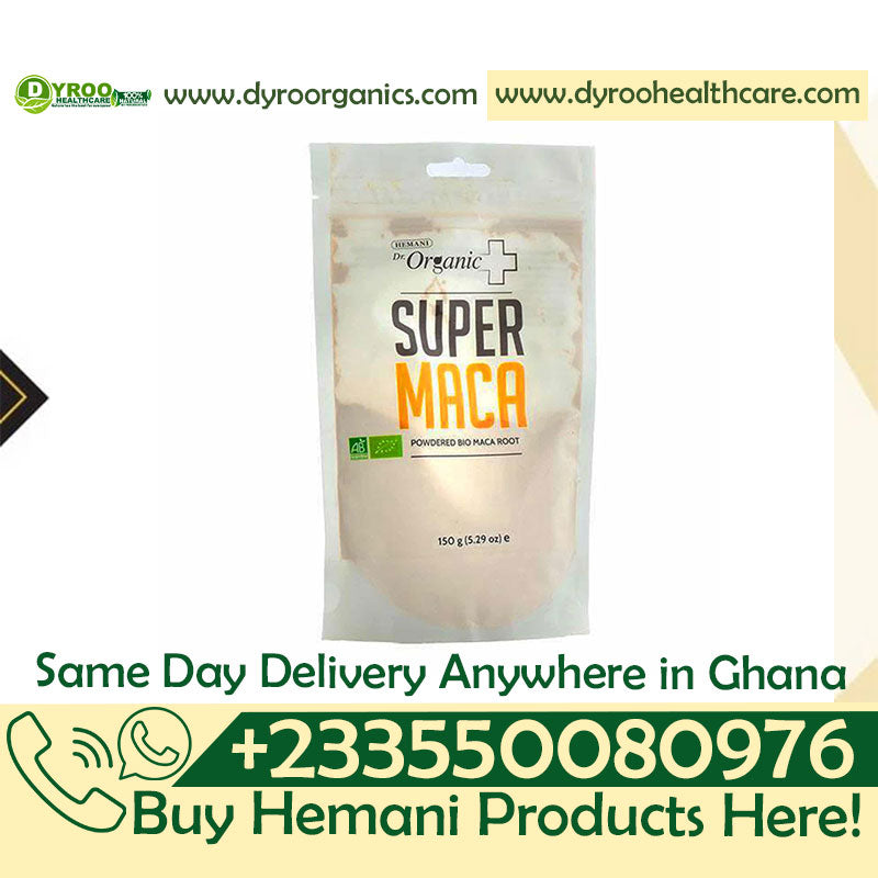 Organic Hemani Super Maca Powder in 150g package by Dyroo Naturals, featuring a close-up of the powder in a jar.