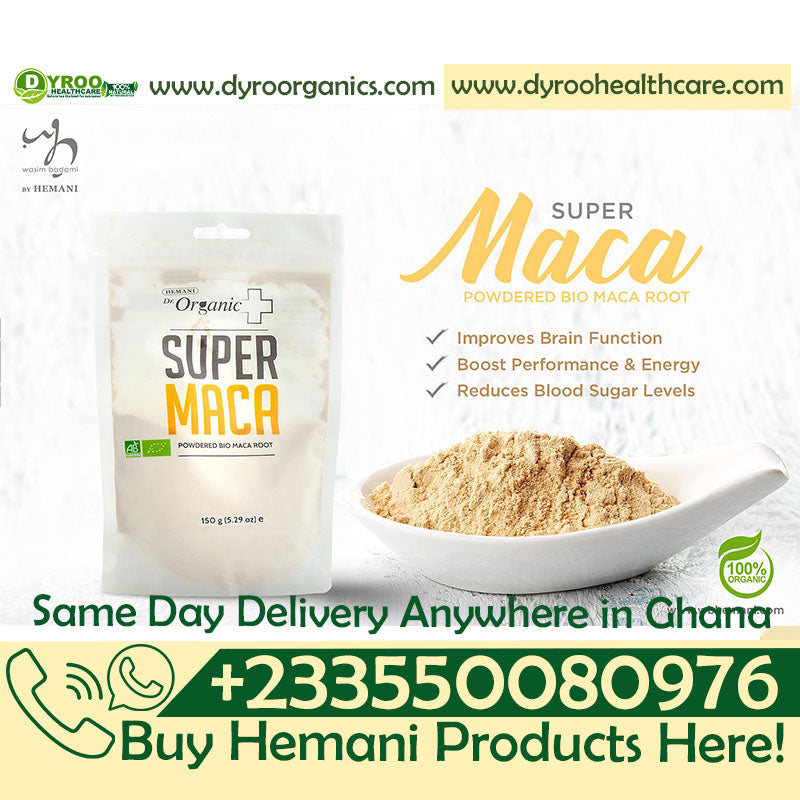Organic Hemani Super Maca Powder 150g in a clear plastic bag, showing the light brown powdered supplement from Dyroo Naturals.