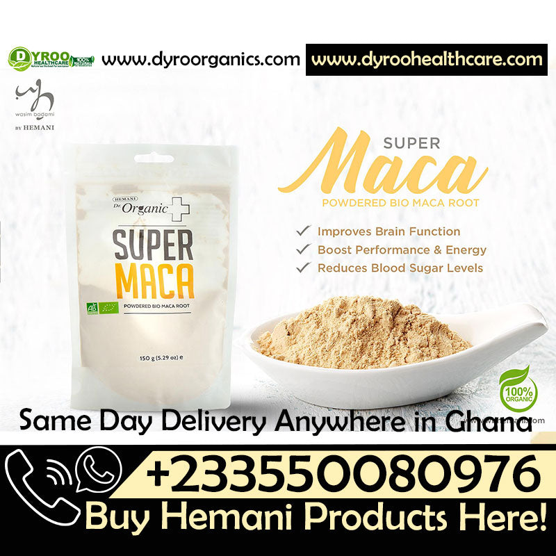 Organic Hemani Super Maca Powder 150g in a clear plastic bag, showing the light tan powdered supplement from Dyroo Naturals.