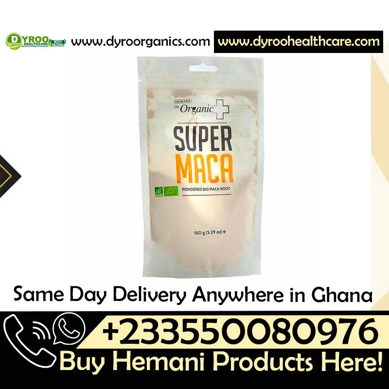 Organic Hemani Super Maca Powder 150g in a clear plastic bag, showing the light brown powdered supplement from Dyroo Naturals.