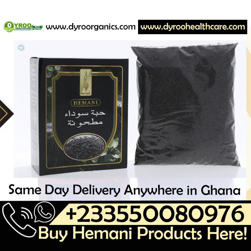 Organic Hemani black seeds powder from Dyroo Naturals in a 200g container, shown in a clear jar with a black lid.
