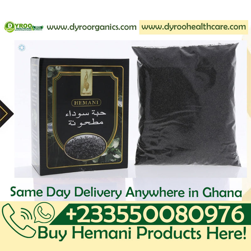 Organic Hemani black seeds powder in a 200g package by Dyroo Naturals, showing the fine black seed powder in a clear container.