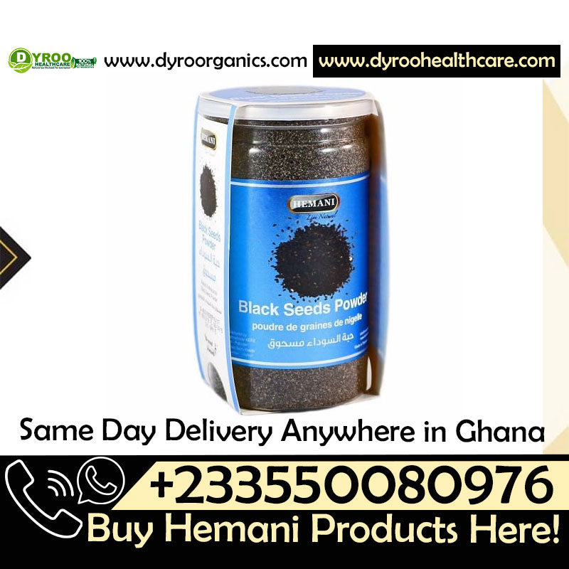 Organic Hemani black seeds powder by Dyroo Naturals in a 200g container, showing the black seed powder inside.