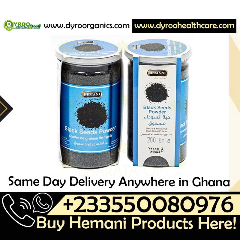 Organic Hemani Black Seeds Powder by Dyroo Naturals in a 200g package, showing fine black seed powder in a clear container.