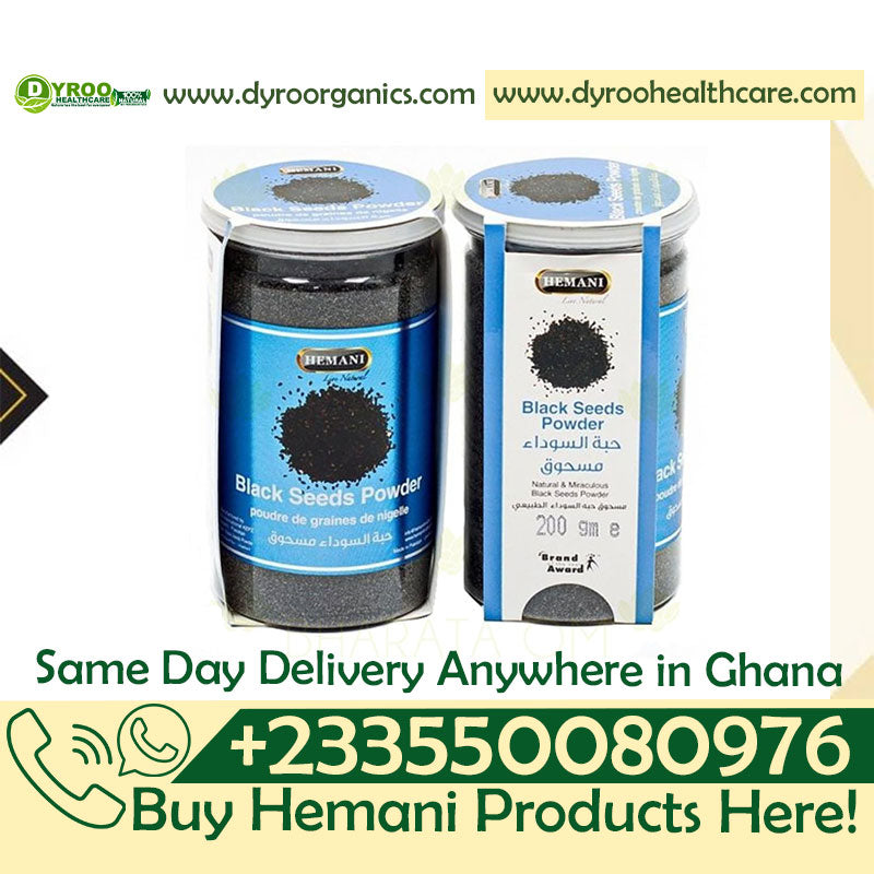 Organic Hemani black seeds powder by Dyroo Naturals in a 200g package, showing the fine black seed powder in a clear jar.