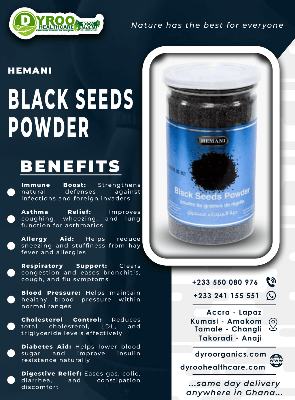 Organic Hemani Black Seeds Powder by Dyroo Naturals in a clear jar, showing fine black Nigella Sativa seed powder.