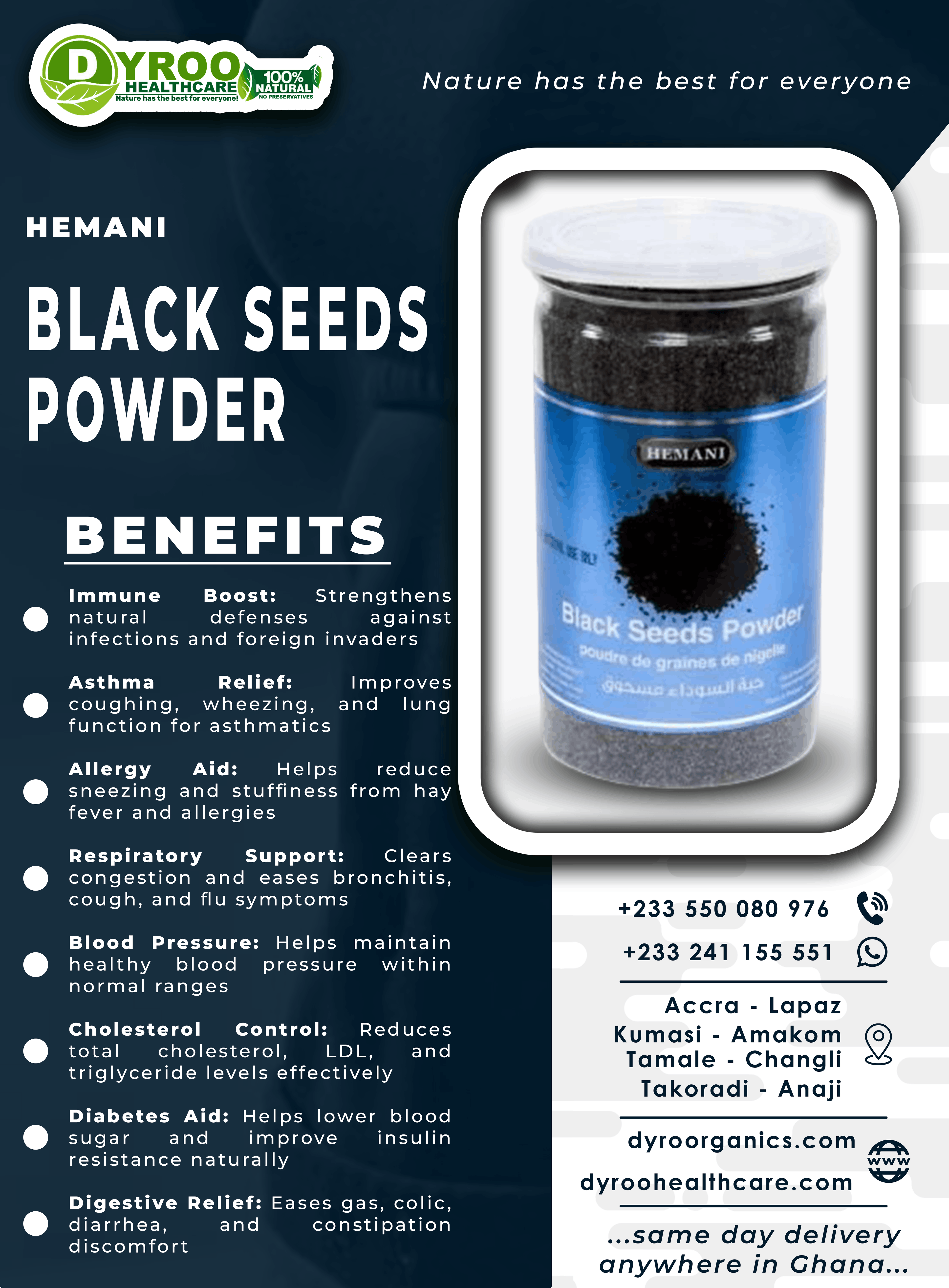 Organic Hemani Black Seeds Powder by Dyroo Naturals in a clear jar, showing fine black Nigella Sativa seed powder.
