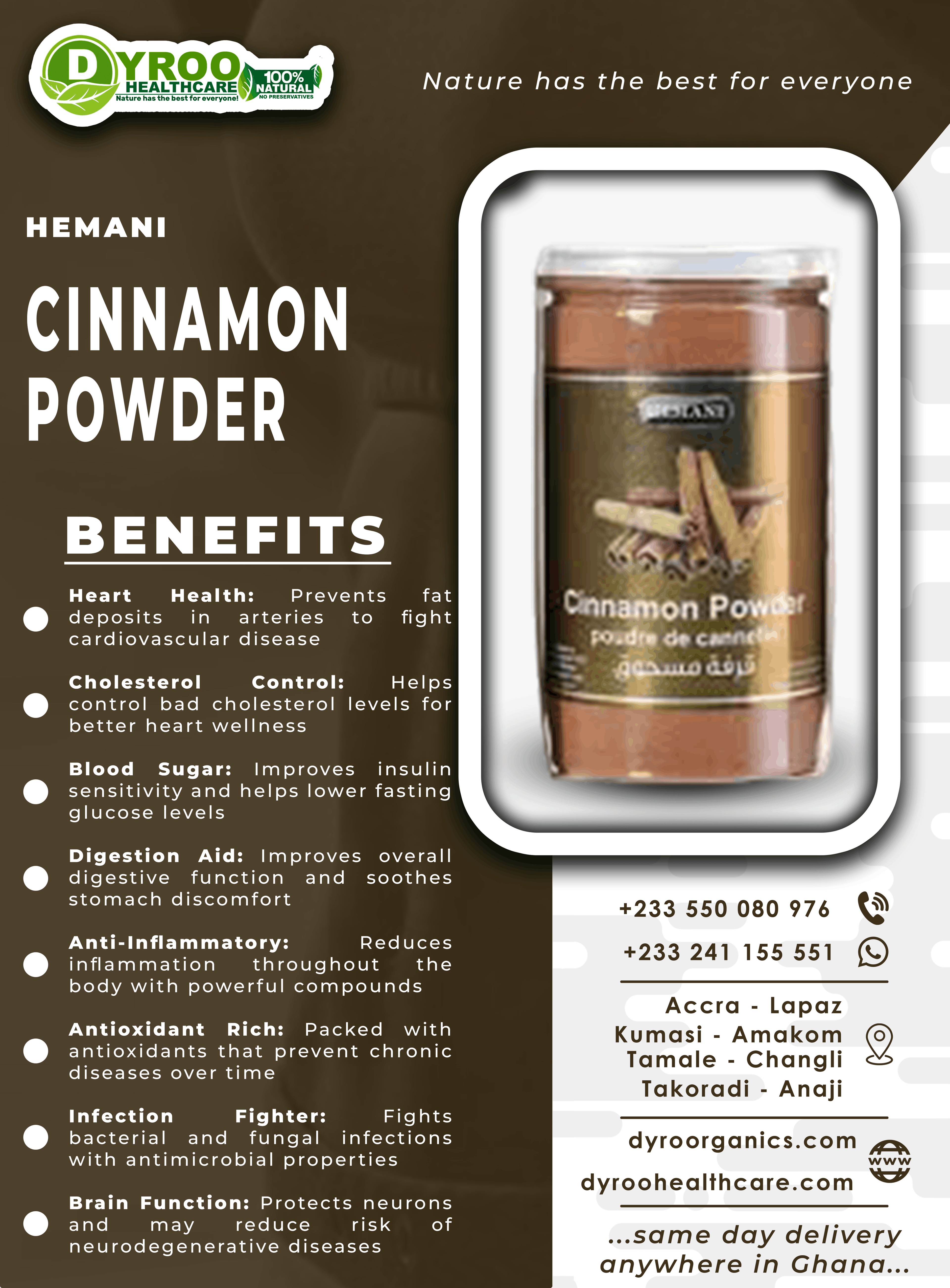 Organic Hemani cinnamon powder in a 200g pack by Dyroo Naturals, showing finely ground cinnamon in a clear container.