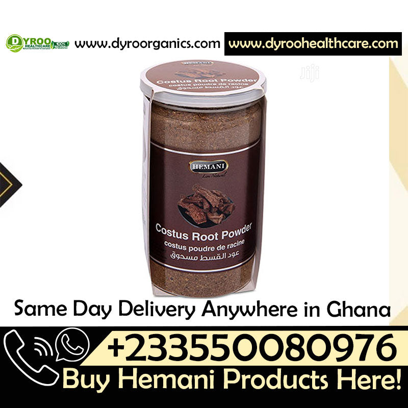Organic Hemani Costus Roots Powder by Dyroo Naturals in a clear jar, showing fine beige powder inside.