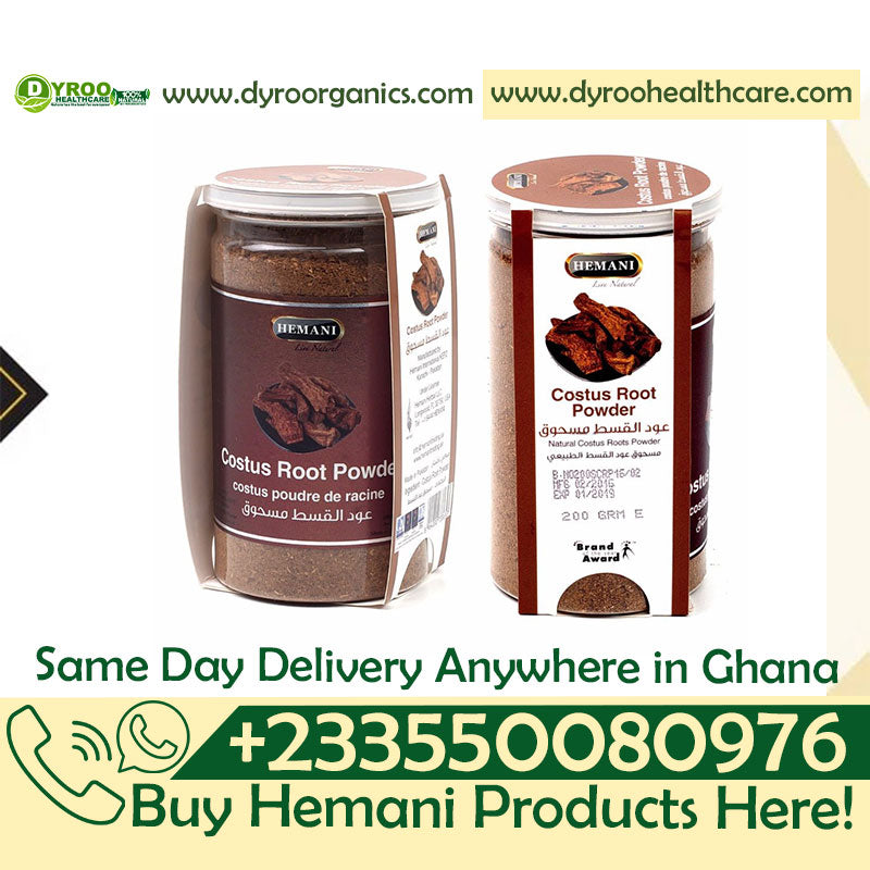 Organic Hemani Costus Roots Powder by Dyroo Naturals in a 200g package, showing the fine, light brown powder in a clear container.