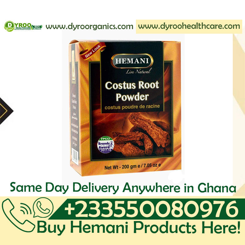 Organic Hemani Costus Roots Powder by Dyroo Naturals in a 200g package, showing the fine powder within a clear container.