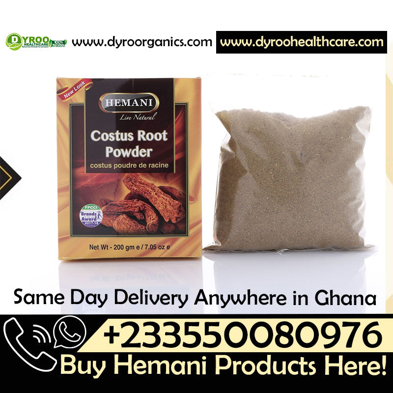 Organic Hemani Costus Roots Powder by Dyroo Naturals in a clear jar, showing fine beige powder for herbal and traditional remedies.