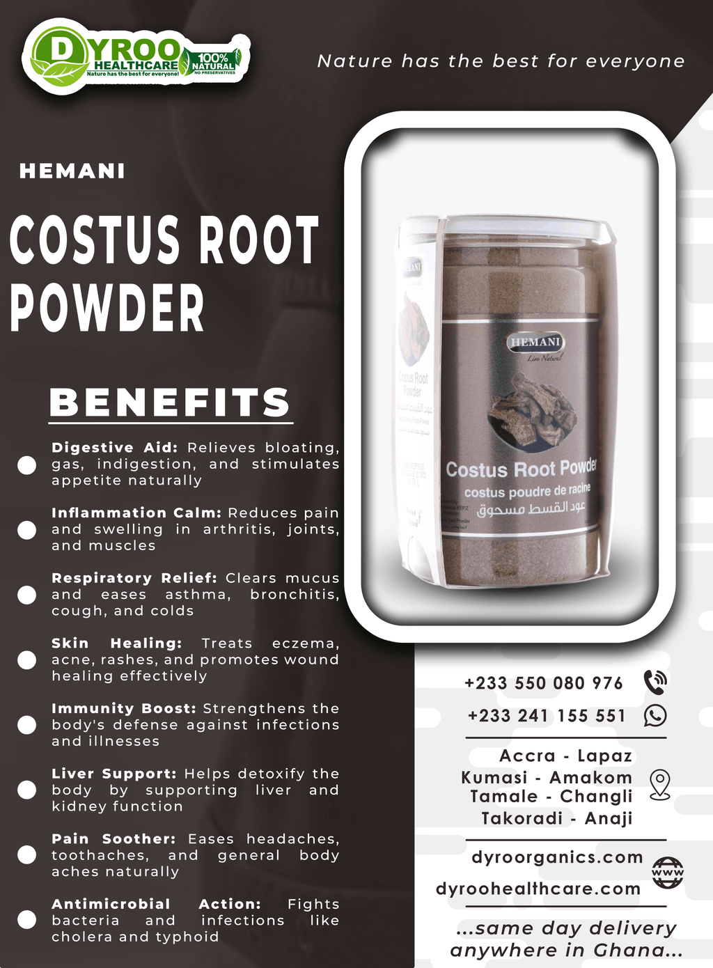 Organic Hemani Costus Roots Powder by Dyroo Naturals in a 200g package, showcasing the fine, earthy powdered roots.