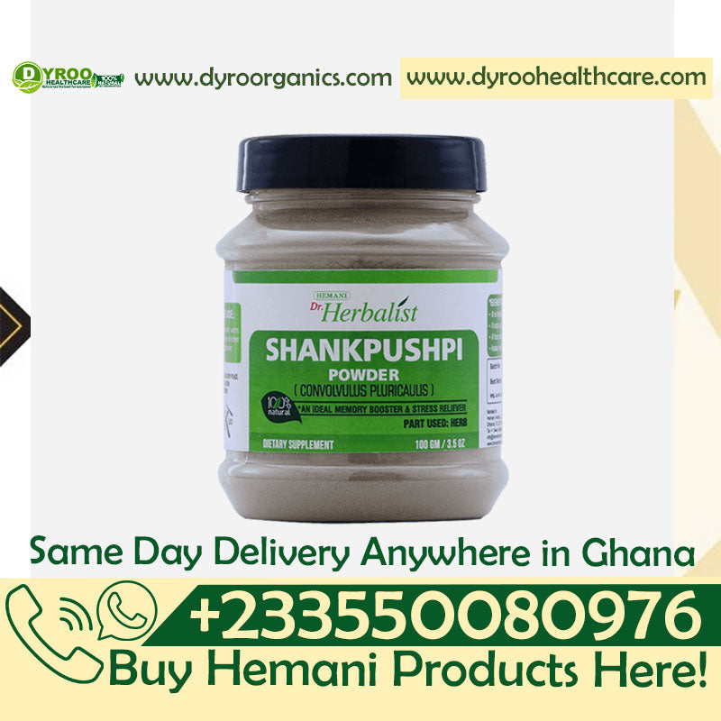 Organic Dr Herbalist Shankpushpi powder by Dyroo Naturals in a 100g package, showcasing the herbal powder in a natural setting.