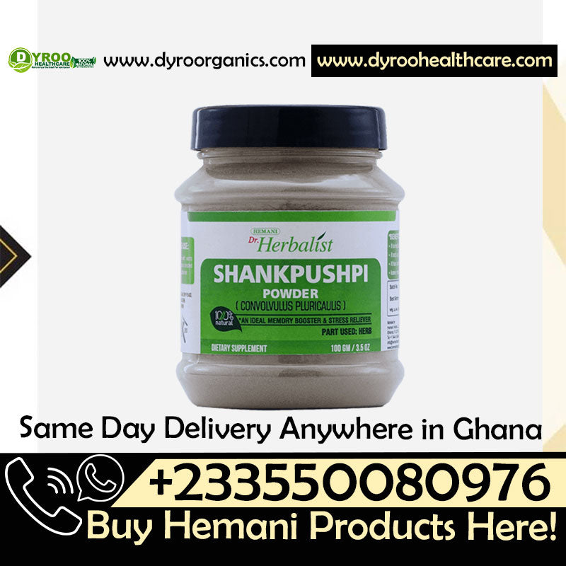 Organic Dr Herbalist Shankpushpi Powder by Dyroo Naturals in a 100g package, showcasing the herbal powder in a natural setting.