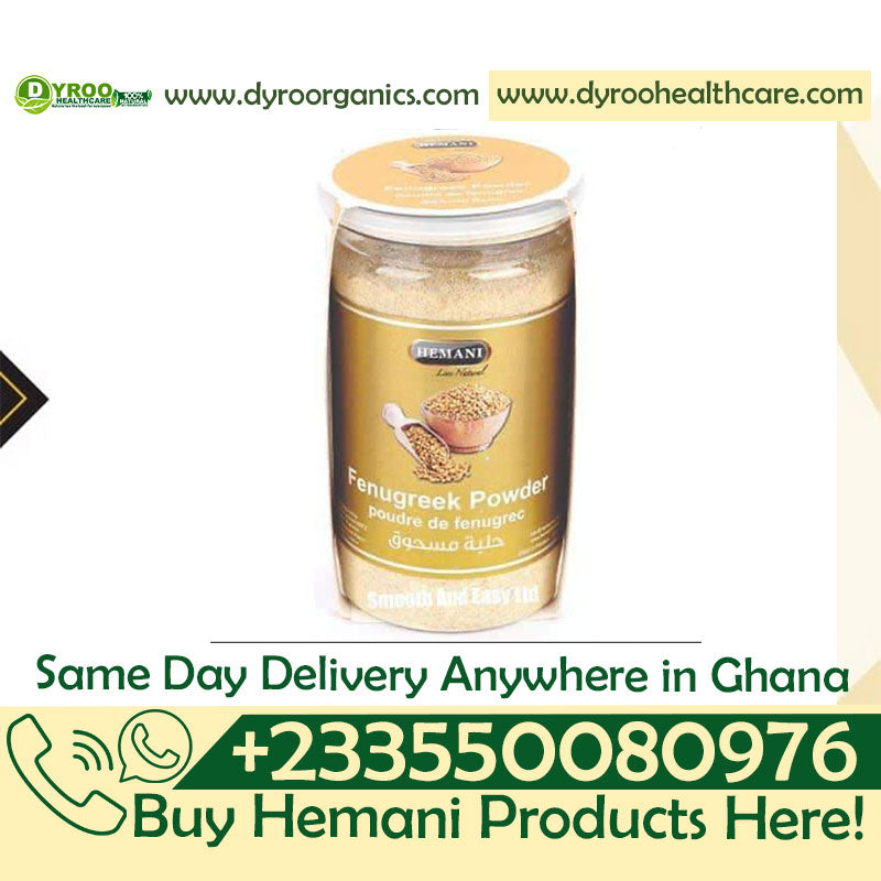Organic Hemani fenugreek seeds powder in a 200g package from Dyroo Naturals, showing the powder in a clear container.
