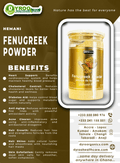 Organic Hemani fenugreek seeds powder in a 200g package by Dyroo Naturals, showing the powder in a clear container.
