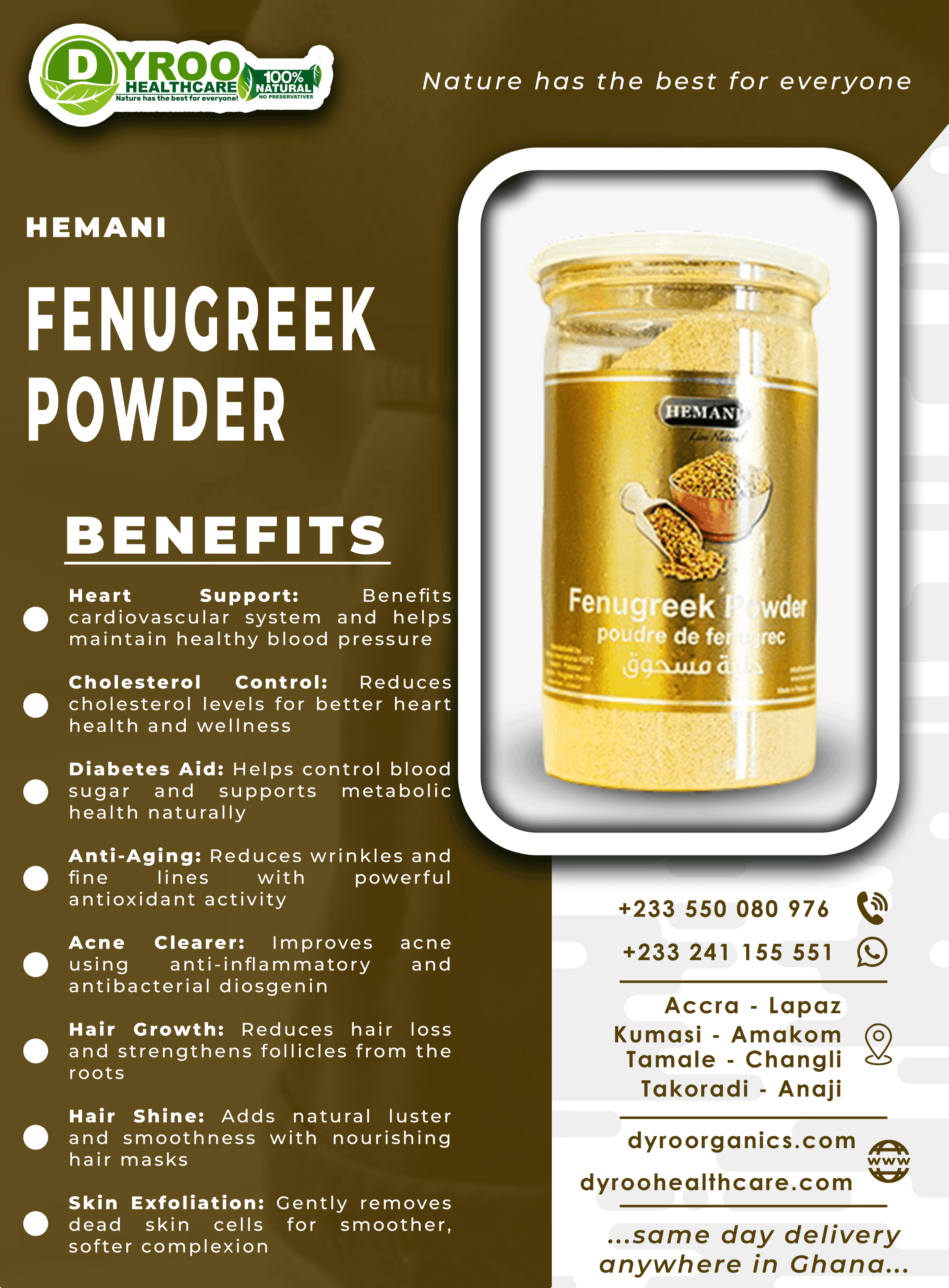 Organic Hemani fenugreek seeds powder in a 200g package by Dyroo Naturals, showing the powder in a clear container.