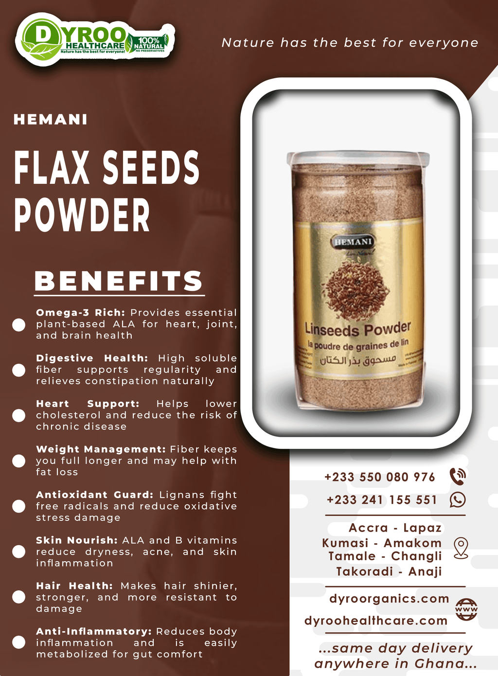 Organic Hemani flax seeds powder in a 200g package by Dyroo Naturals, shown in a clear container or packaging.
