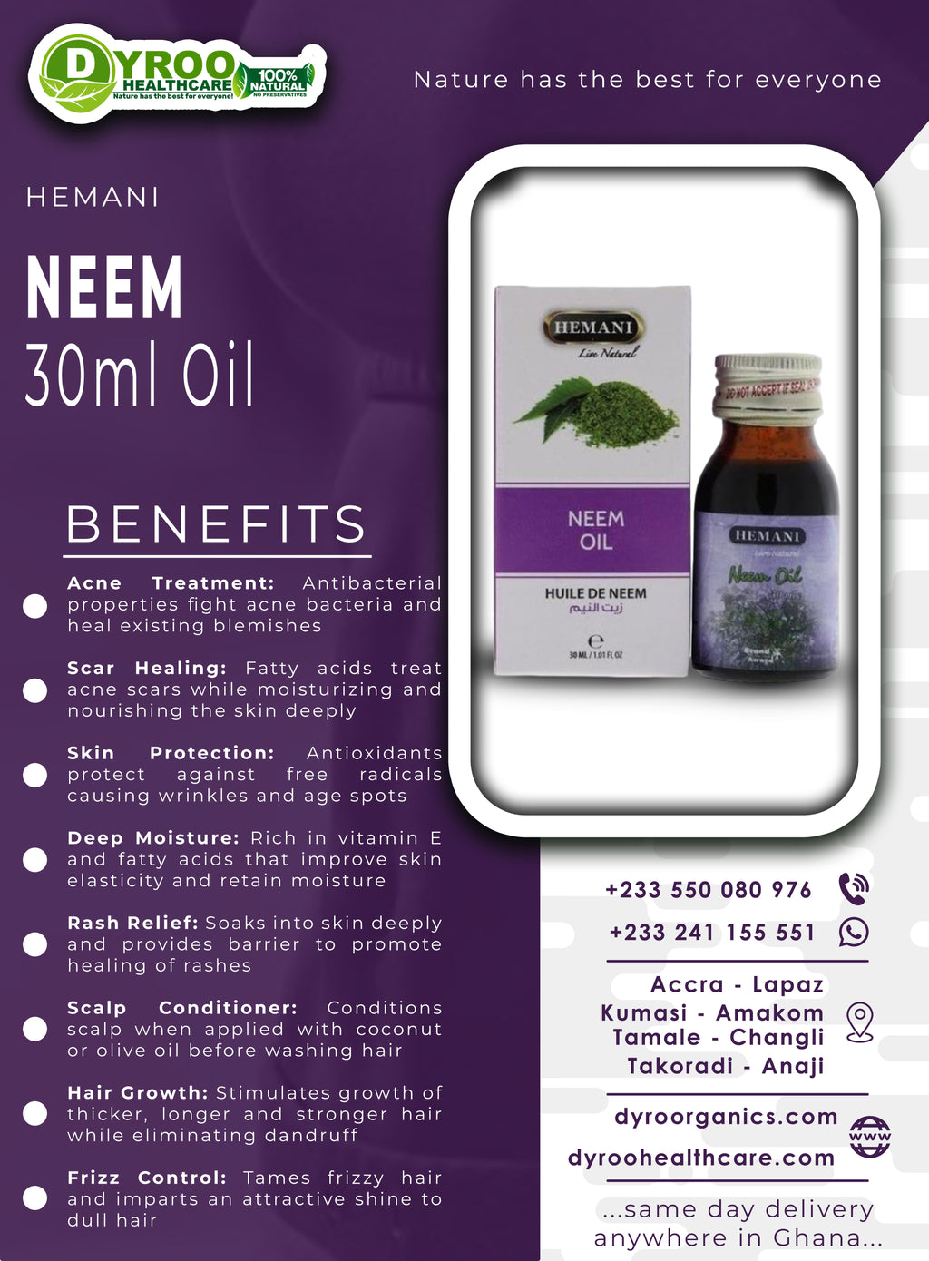 Bottle of Hemani Neem Oil by Dyroo Naturals in a 30ml glass bottle, with a label displaying product details and natural oil content.